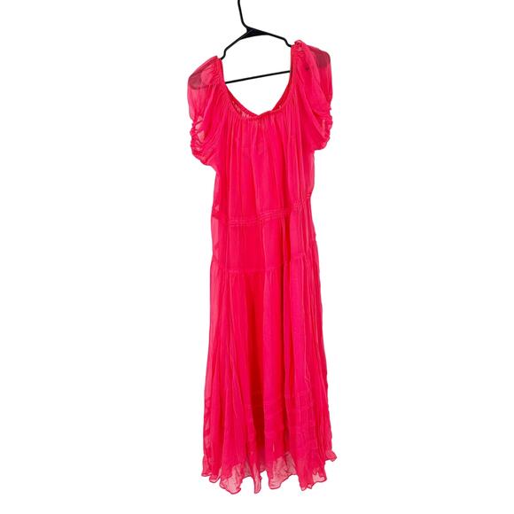 La Ligne Isabelle Gathered Silk Chiffon Hot Pink Puff Sleeve Maxi Dress Sz S NWT - Picture 2 of 6